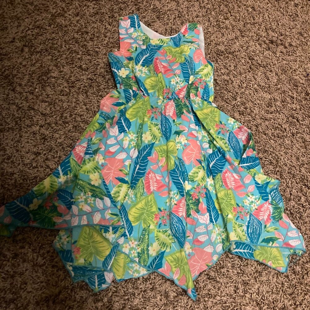 Tommy Bahama Tropical Print Sun Dress 3T Sharkbite Hem Floral Tie Back Cotton
